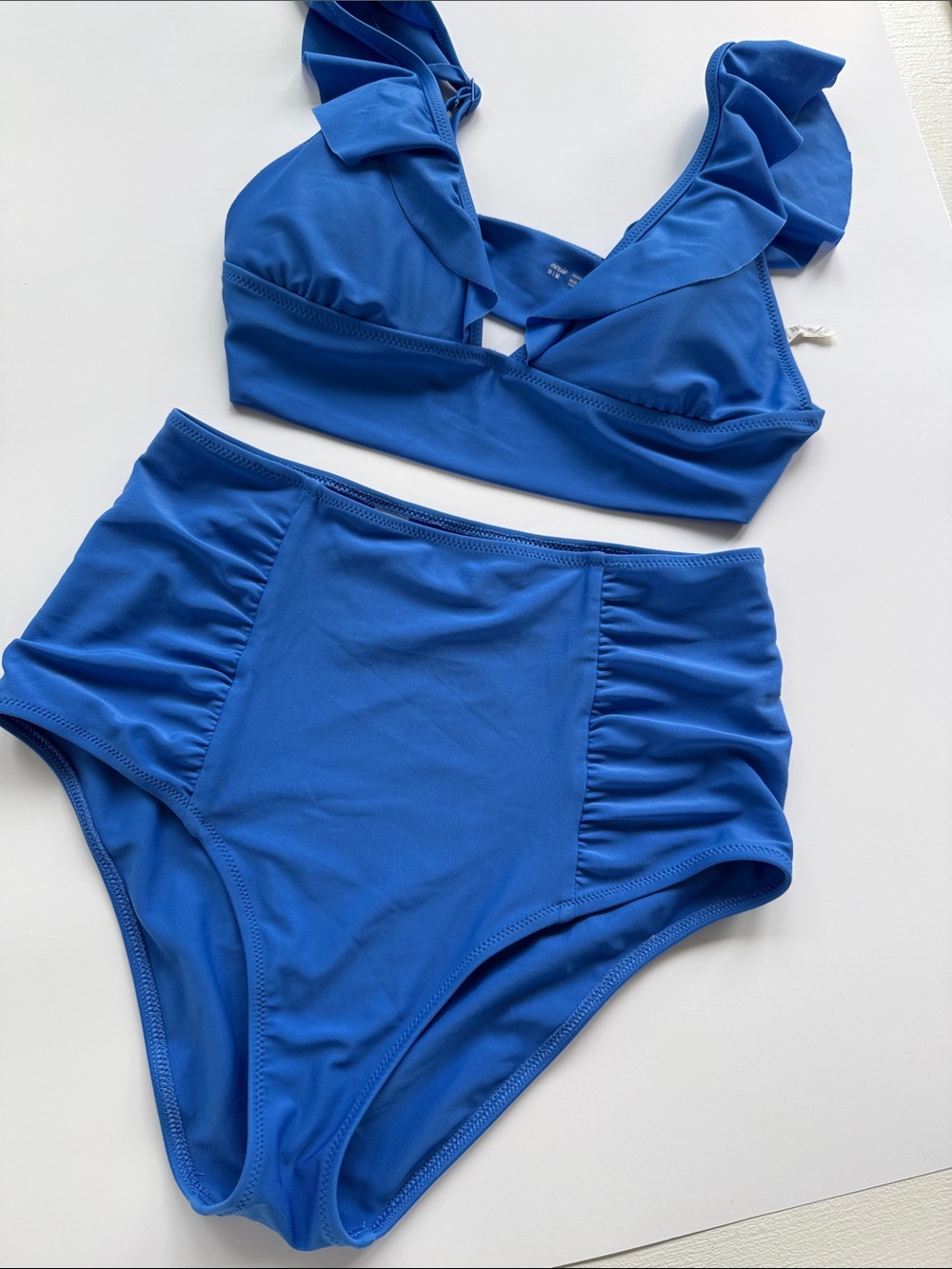 aerie High Waist Bright Blue Ruffle Triangle Top Swim Bikini Separates Small Med
